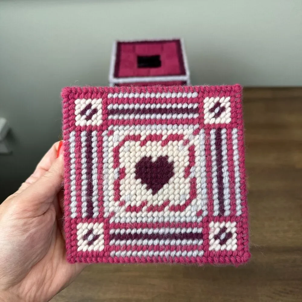 Vtg Handmade Tissue Box Cover + Base Pink Needlepoint Decor Gift Grandma Cottage
